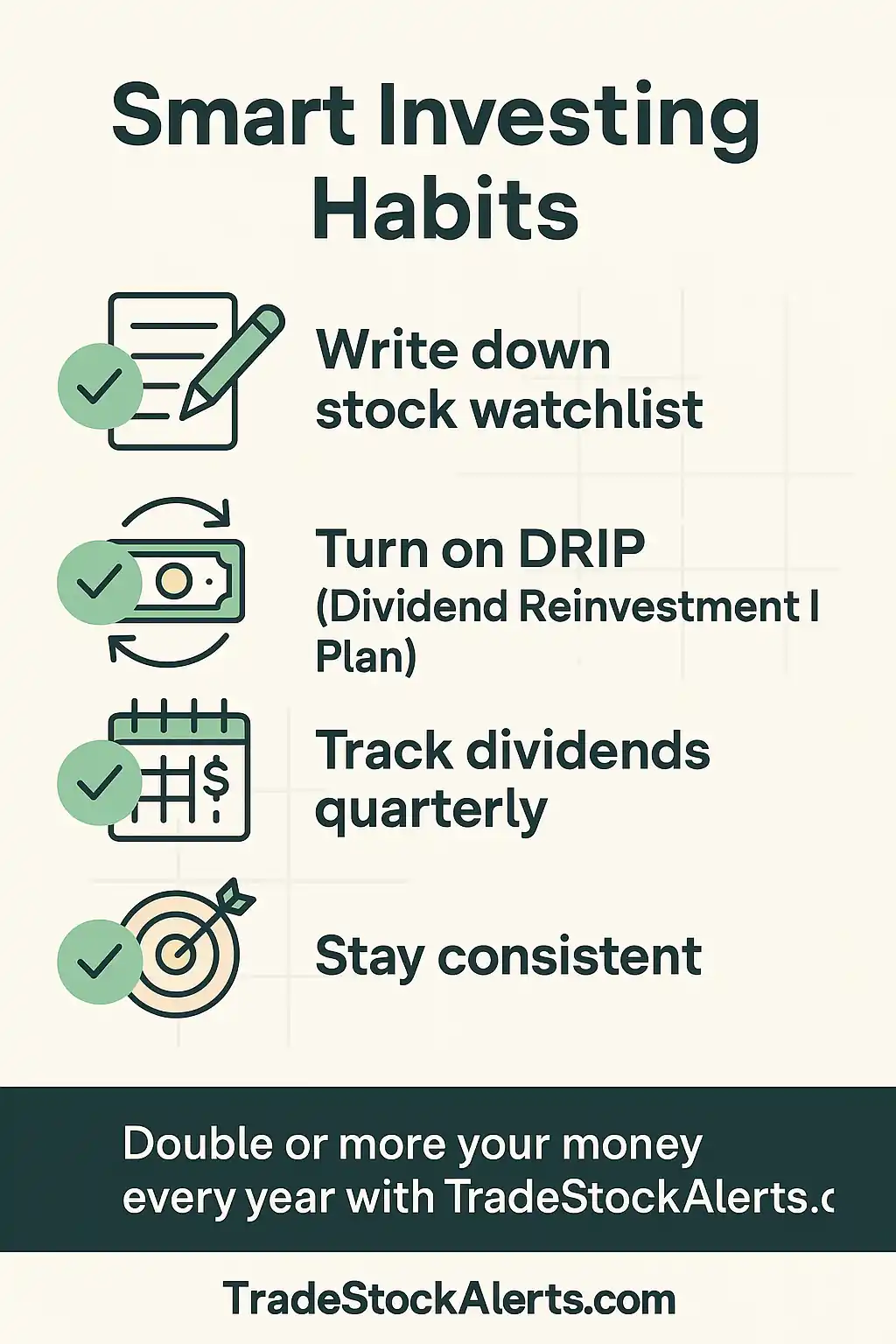 Checklist graphic showing dividend stocks, watchlist habits, and reinvestment options