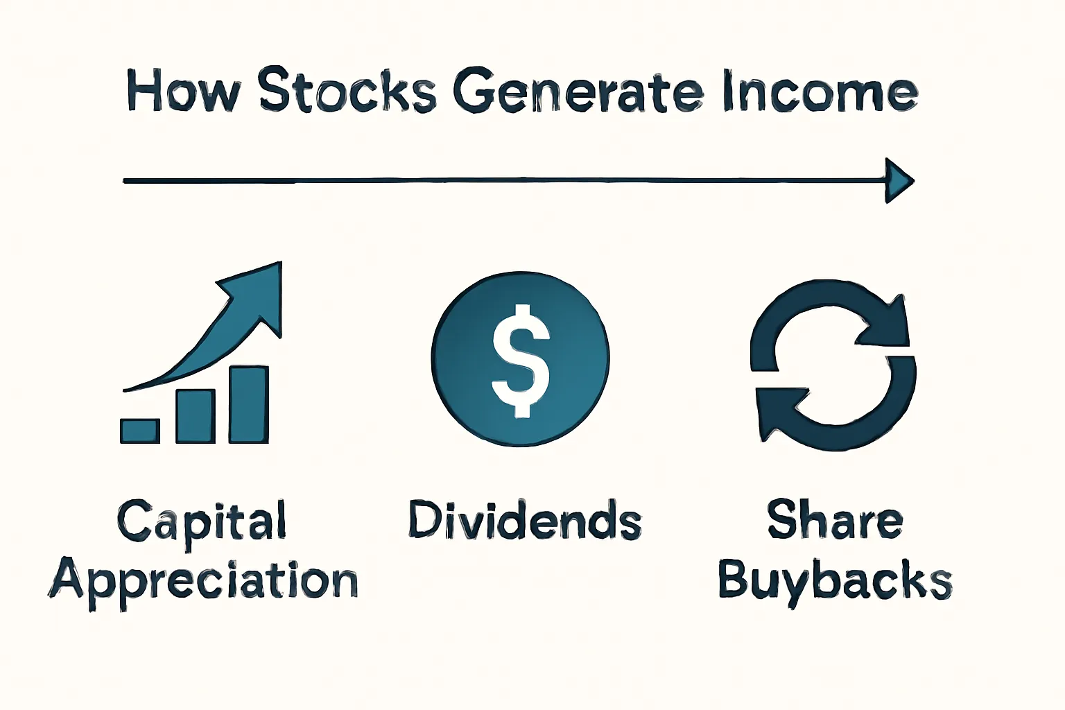 Illustration showing how stocks generate income through dividends and appreciation