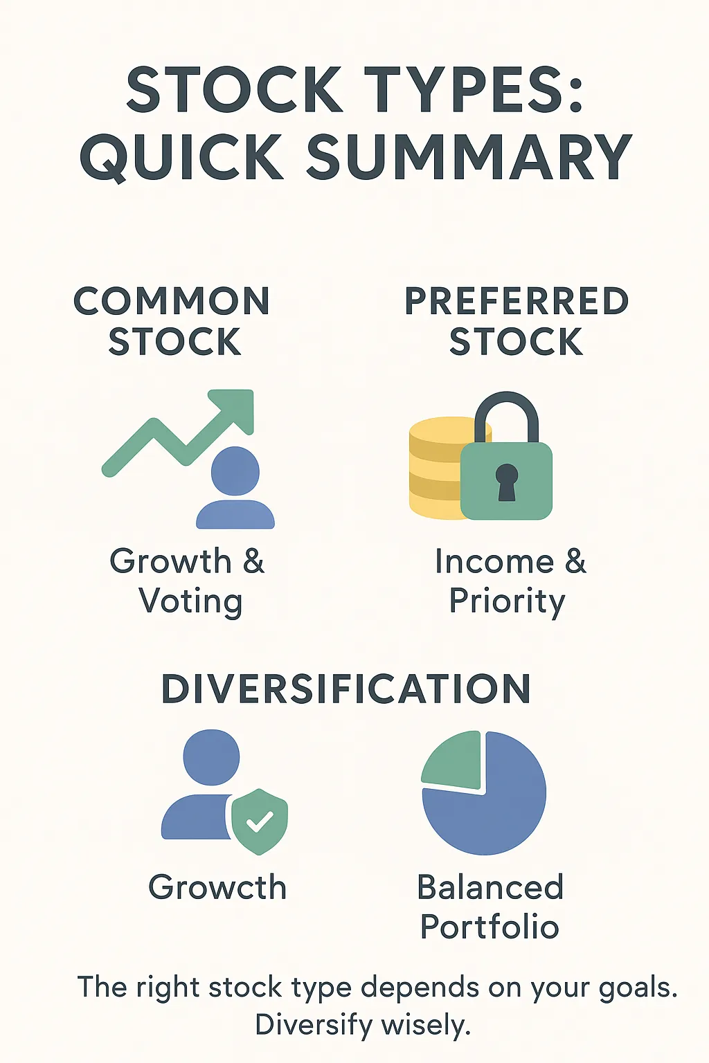 A simplified summary graphic comparing common stock and preferred stock, with icons for growth, income, and diversification. Labeled ‘Stock Types: Quick Summary.’