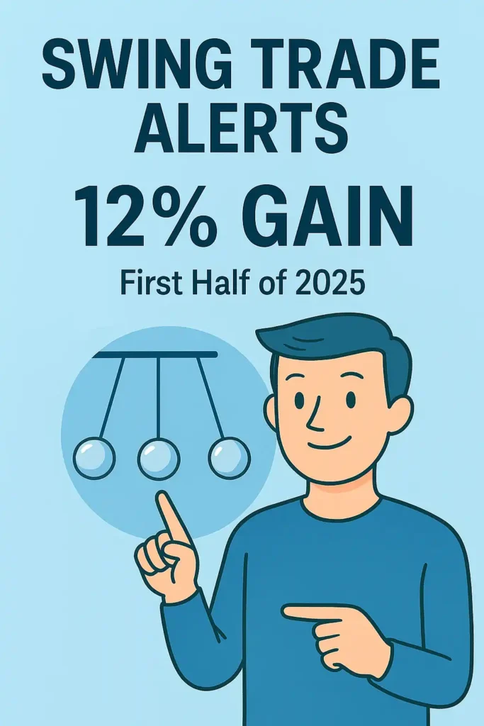 Swing Trade Alerts with 12% Gain in First Half of 2025, Blue Theme with Cartoon Guy and Pendulum