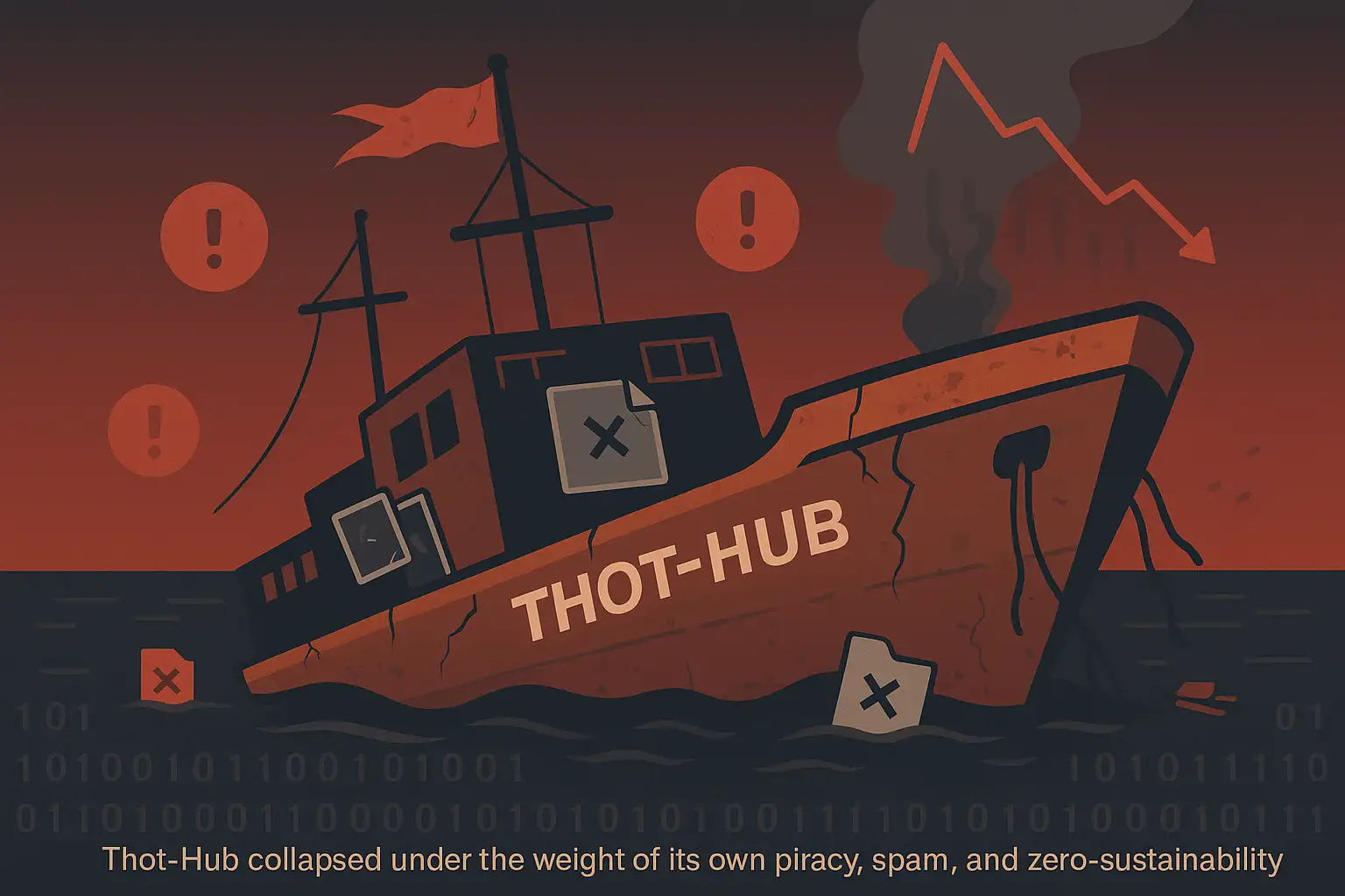 A broken digital ship labeled Thot-Hub sinking in binary waves with warning icons and error messages