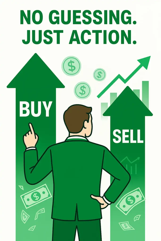 "Visual guide showing when to buy and sell penny stocks using real-time trade alerts, emphasizing clarity and timing for daily trading success."