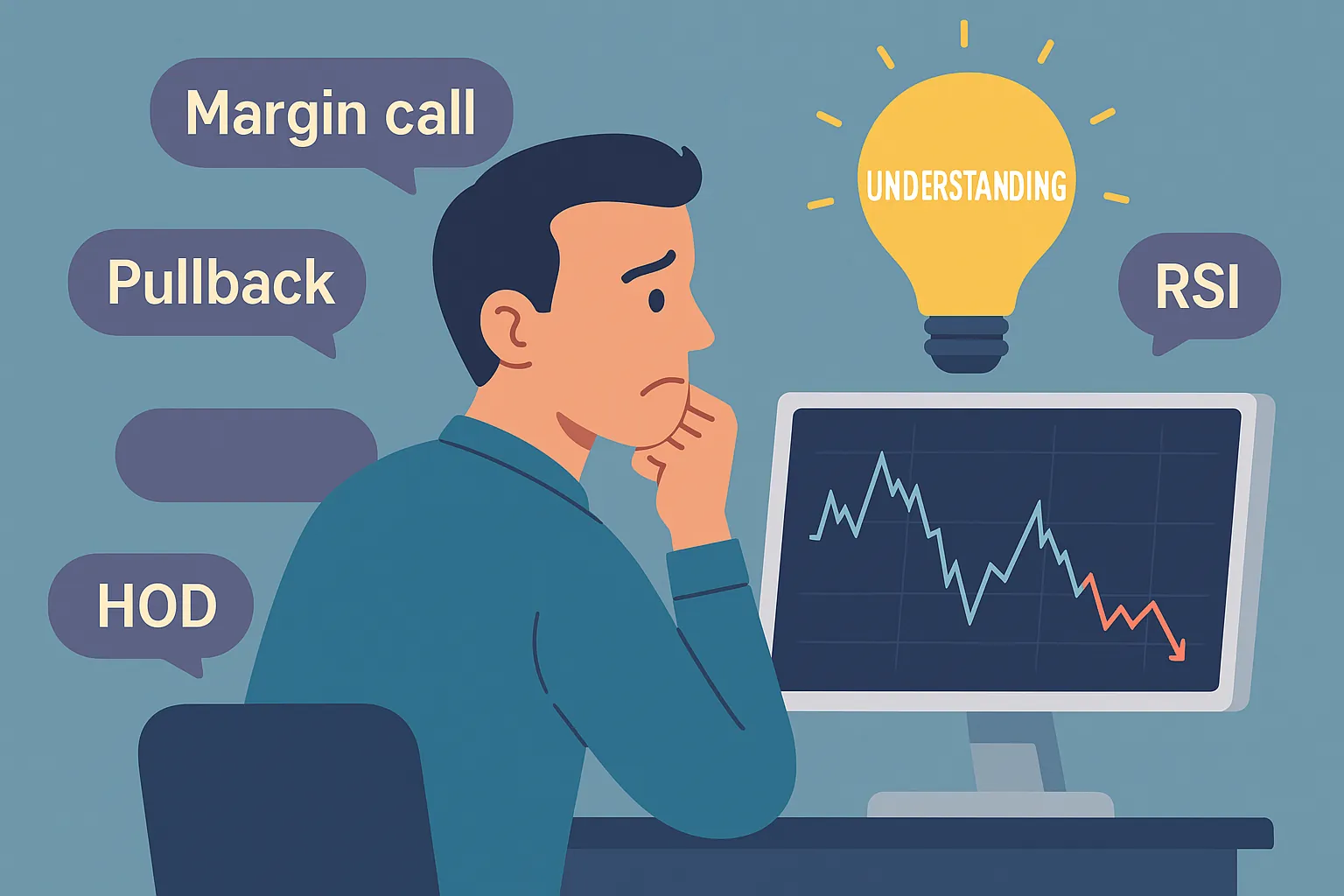 Illustration showing investor confused by stock chart lingo with lightbulb moment overlay