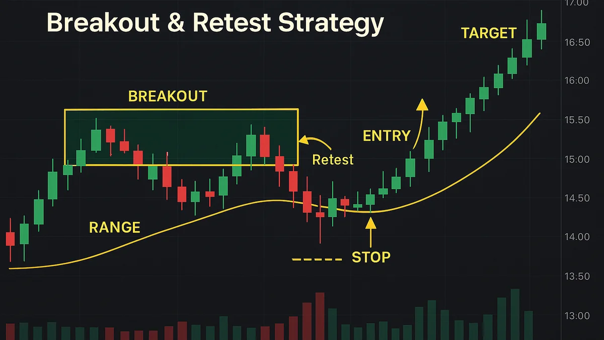 Breakout and retest method for beginners with measured move target