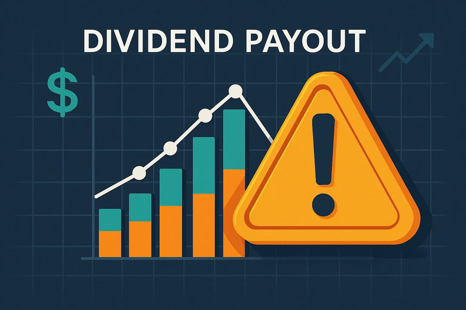 3D-style warning sign overlayed on a dividend chart showing a sudden payout drop