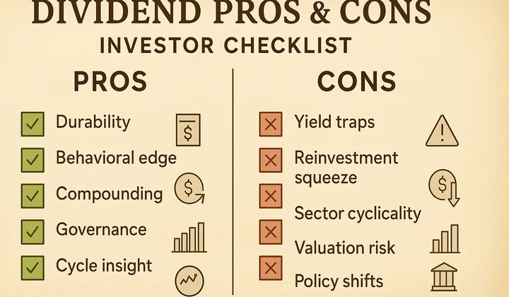 Checklist visual comparing pros and cons of relying on dividend history