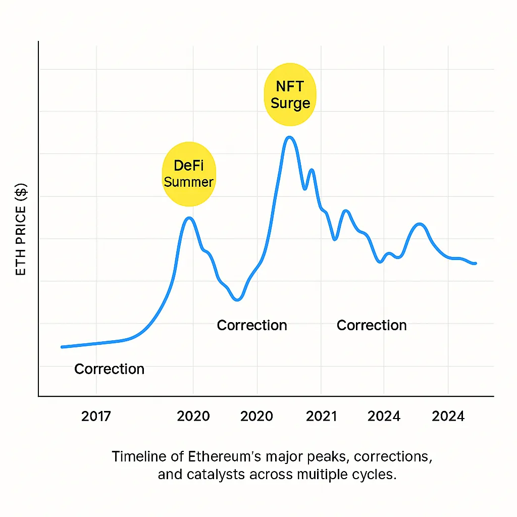 Ethereum timeline of peaks and corrections annotated with catalysts from 2016–2024