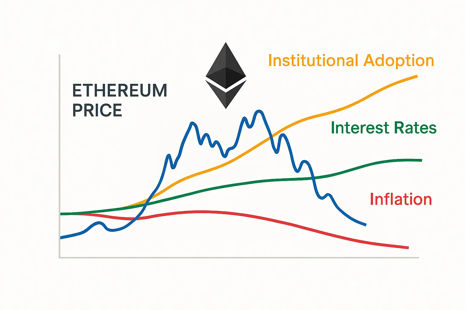 Ethereum risk factors visual with icons for hacks, regulations, and competition threats