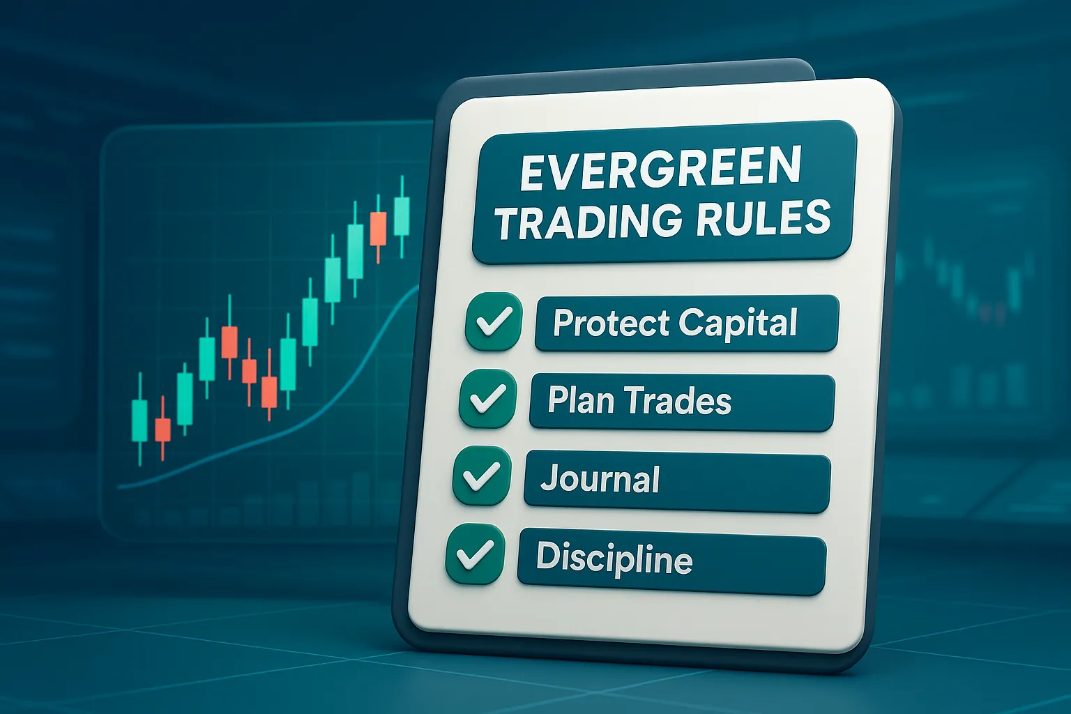 Landscape cover showing Evergreen Trading Rules checklist next to candlestick panel