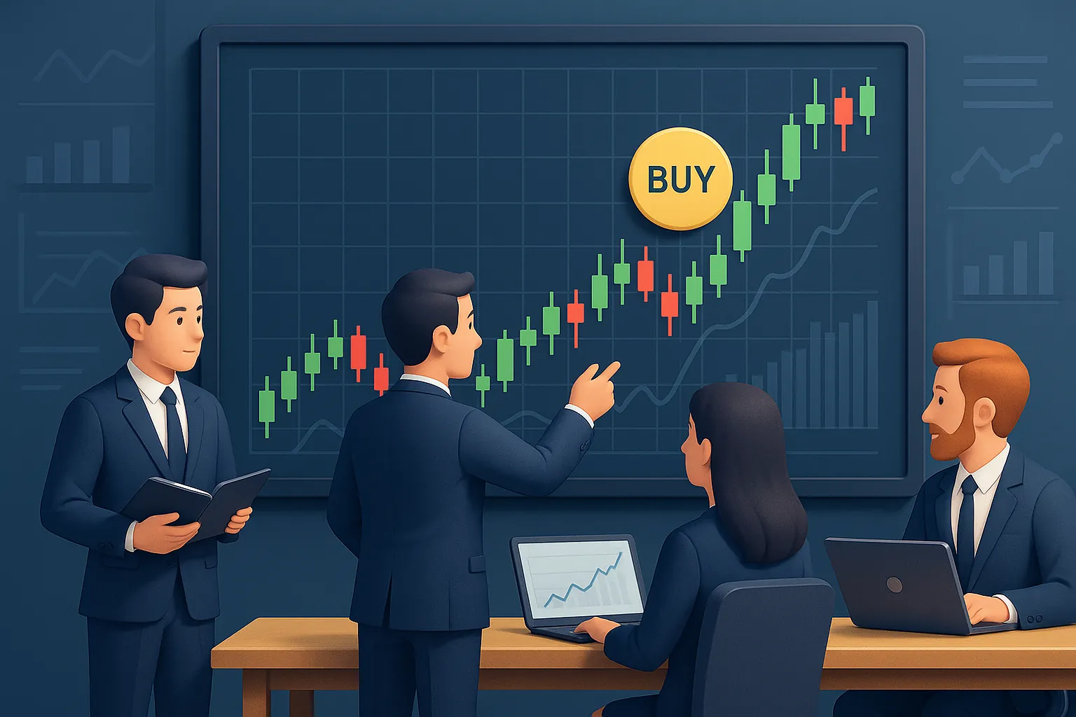 Expert investors analyzing market data to time stock purchases