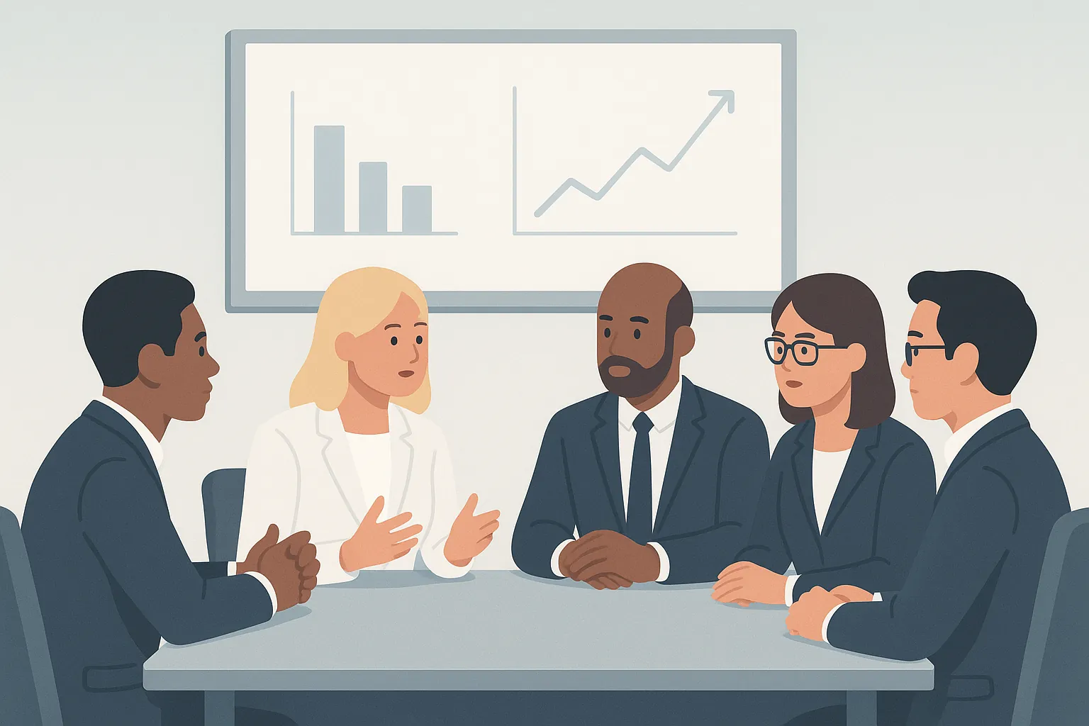 3D conference table with diverse financial experts sharing insights