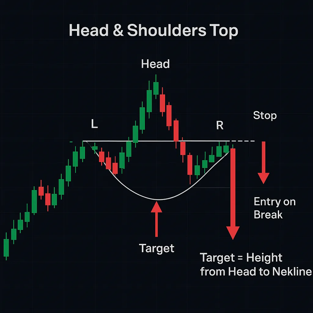 Head and Shoulders Top pattern example with neckline, entry, stop, and target annotations