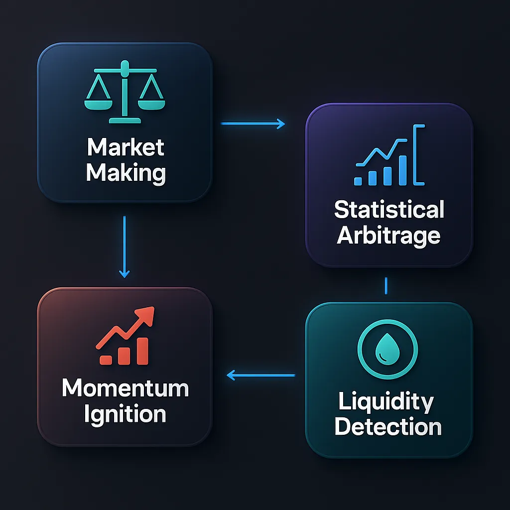 3D visual showing four key HFT strategies with connected arrows