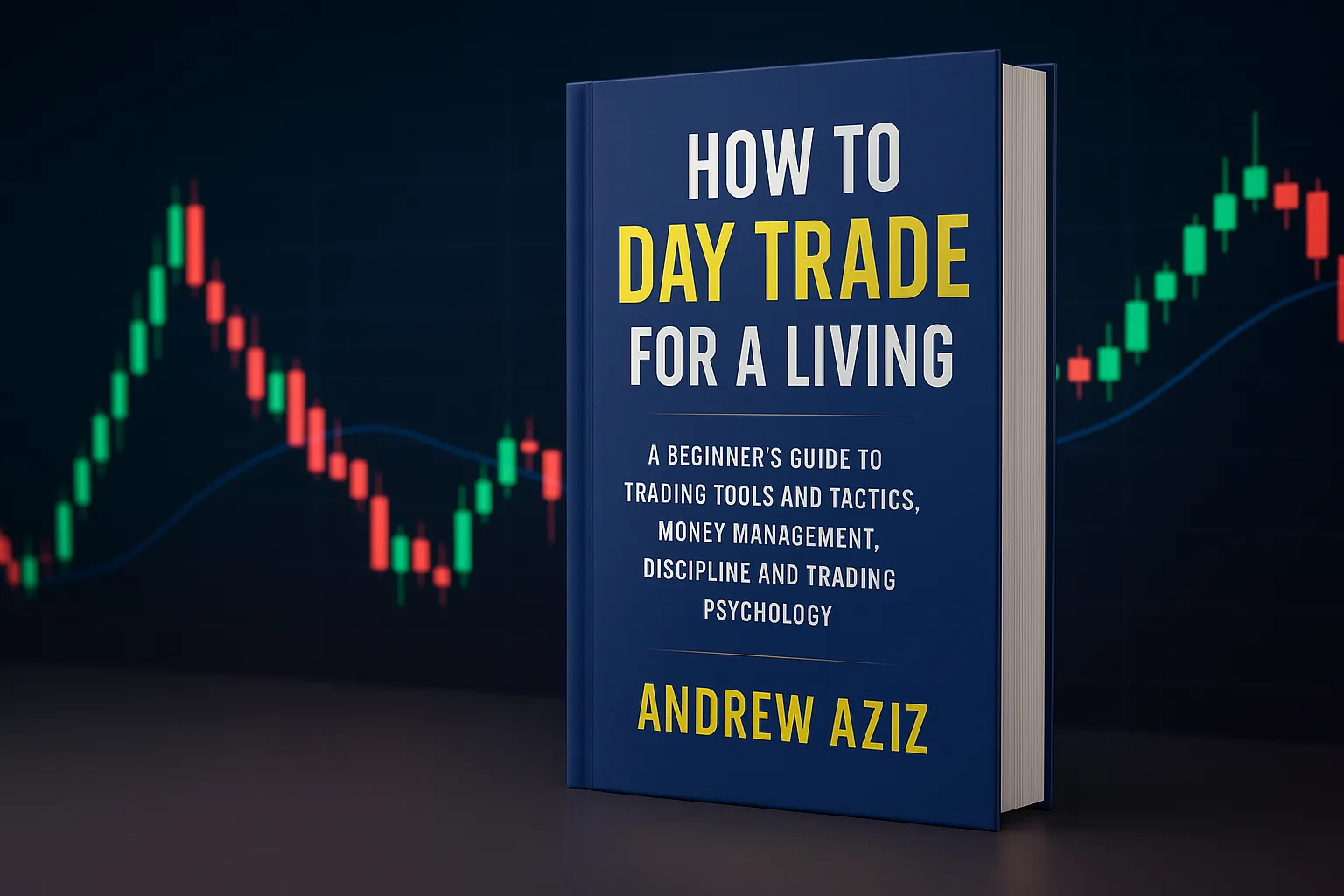 3D book mockup of How to Day Trade for a Living with glowing candlestick chart background