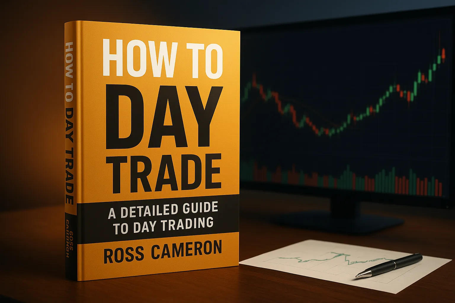 3D mockup of Ross Cameron’s How to Day Trade beside dual trading monitors with charts