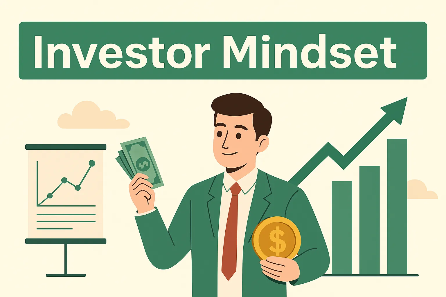 Calm investor reviewing long-term charts and reports