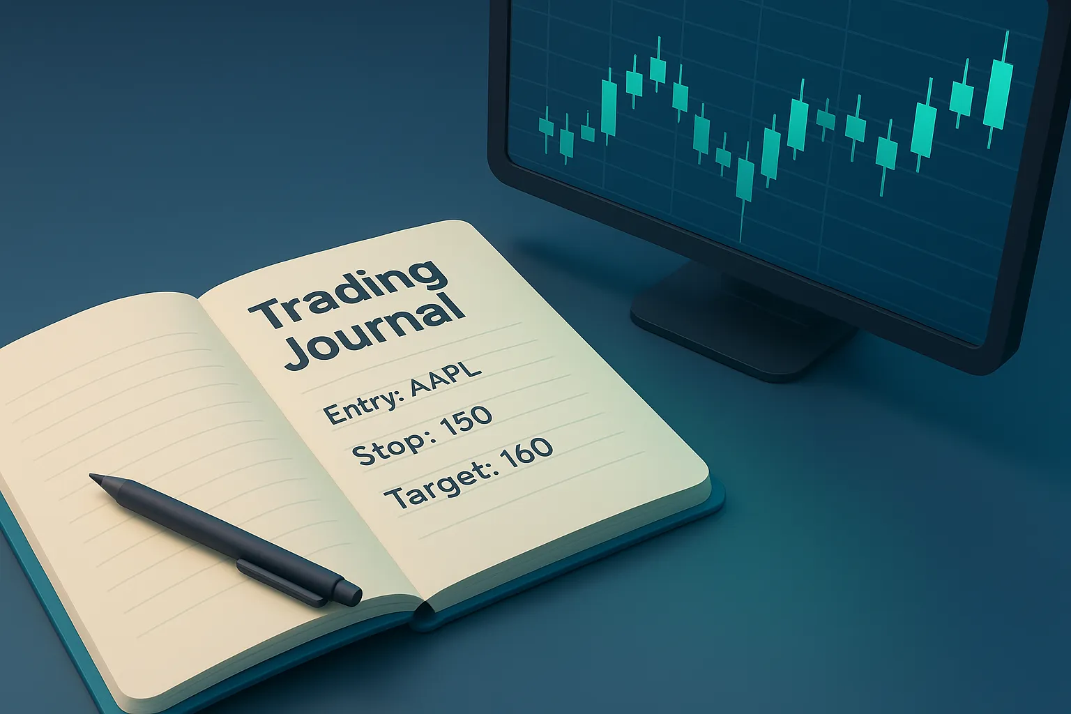 Notebook beside chart dashboard illustrating journaling for trading discipline