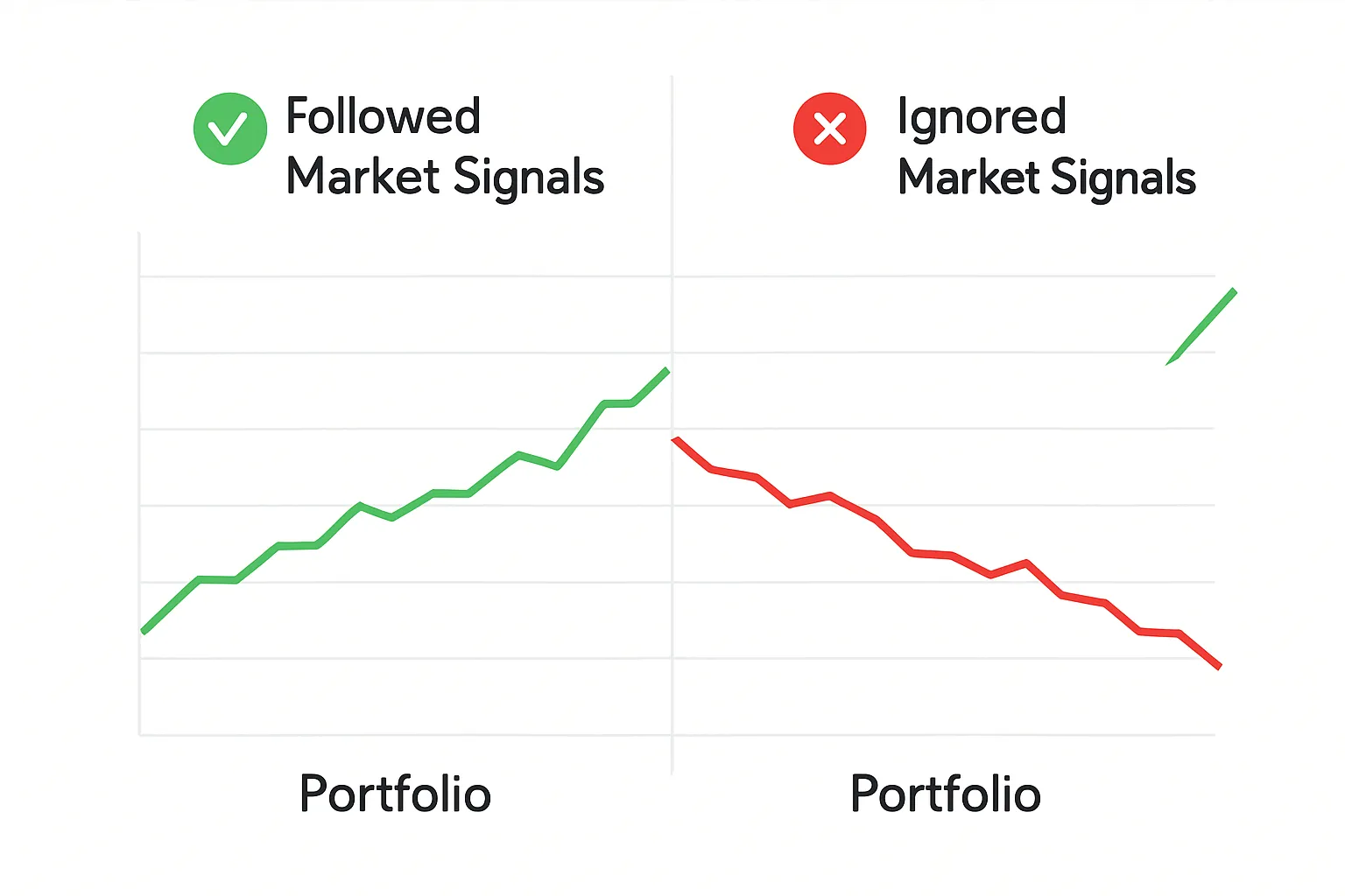 Portfolio comparison showing success and failure based on market signal analysis