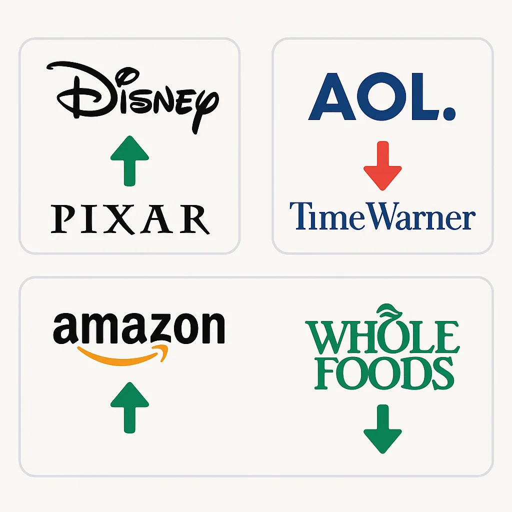 Collage of merged company logos with performance arrows