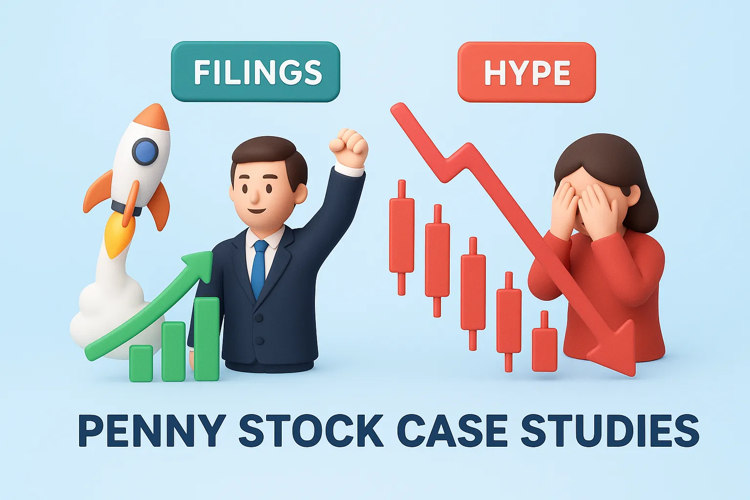 Penny stock case studies showing a split outcome: explosive breakout vs sharp collapse