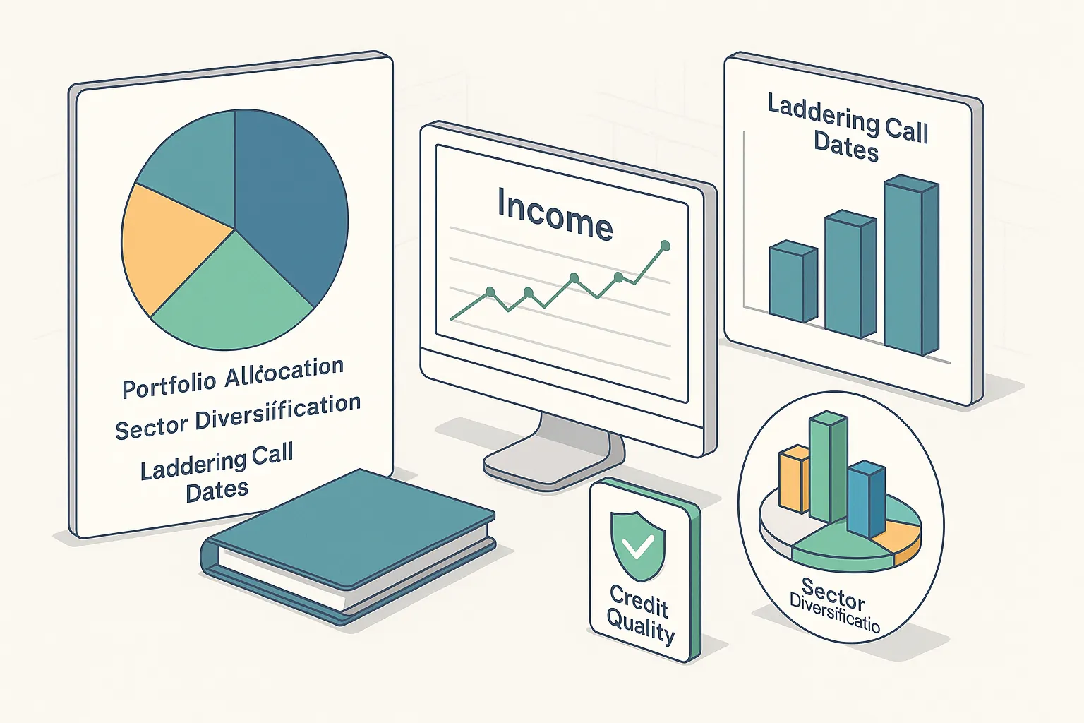 Preferred stock strategy visual: portfolio diversification, laddering call dates, sector balancing, and credit quality screening.