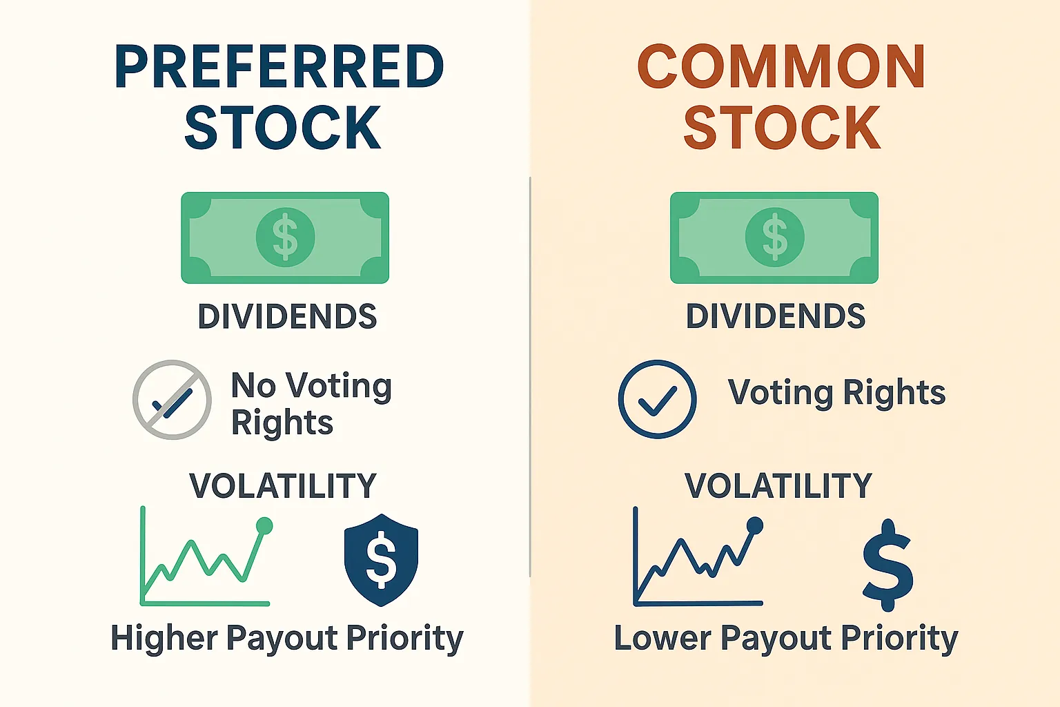 Side-by-side infographic comparing preferred and common stock: dividends, voting rights, volatility, priority of claims.