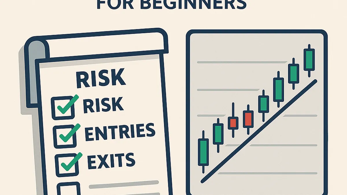 Hero graphic for risk-first stock trading strategies for beginners showing checklist of entries, exits, and risk controls