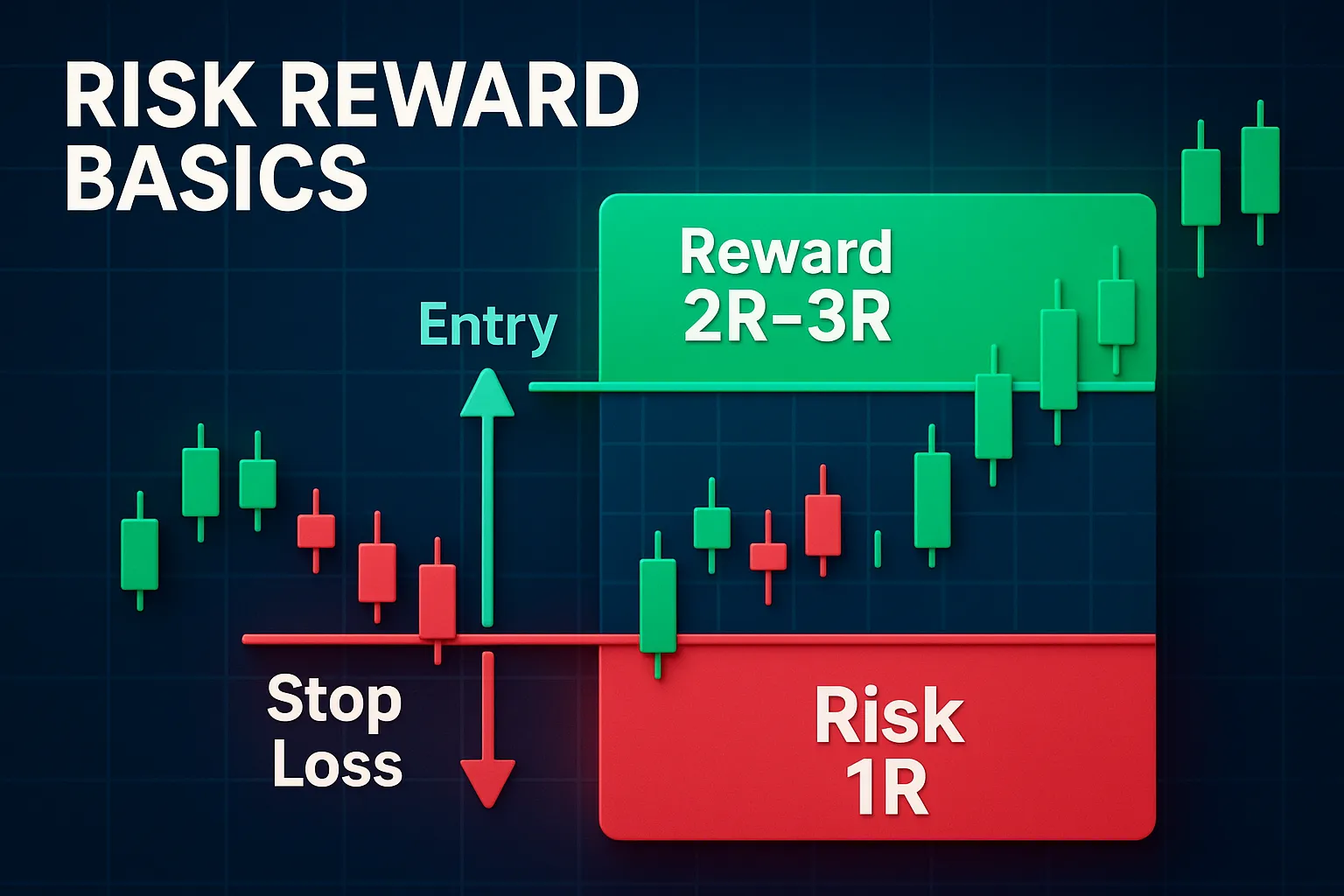 Risk/reward diagram showing entry, 1R stop, and 2R–3R targets
