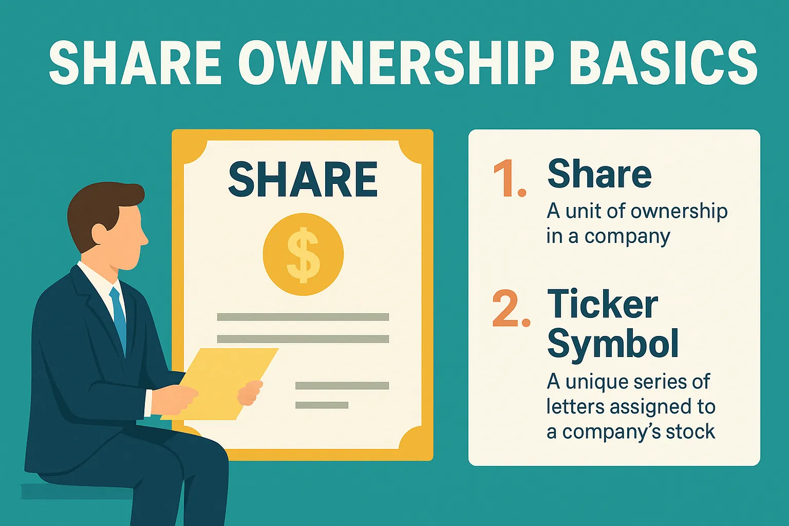 Infographic showing company ownership divided into shares with icons for rights, dividends, and value