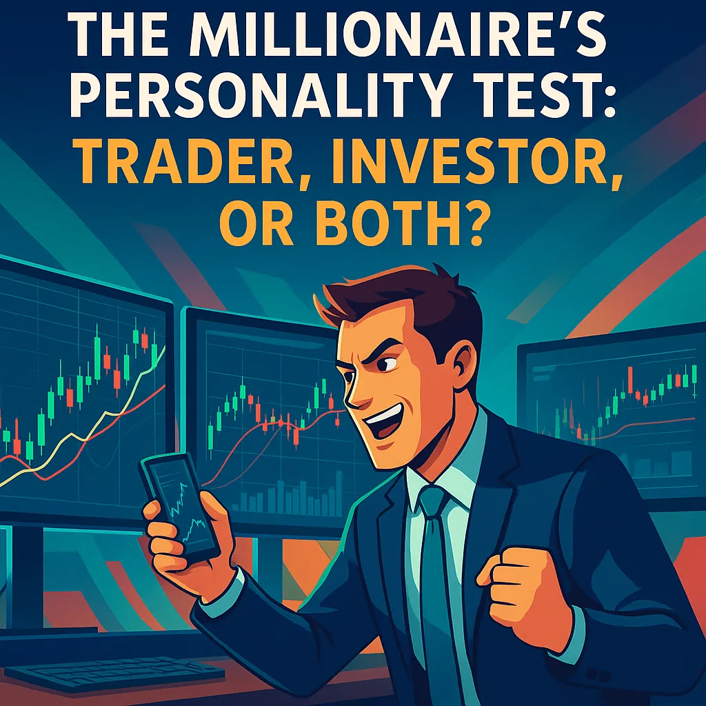 High-energy trader surrounded by multiple monitors and live charts