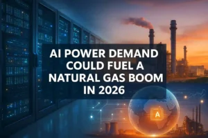 A modern AI data center with glowing servers, overlaid with a natural gas power plant in the background, connected by energy grid visuals.