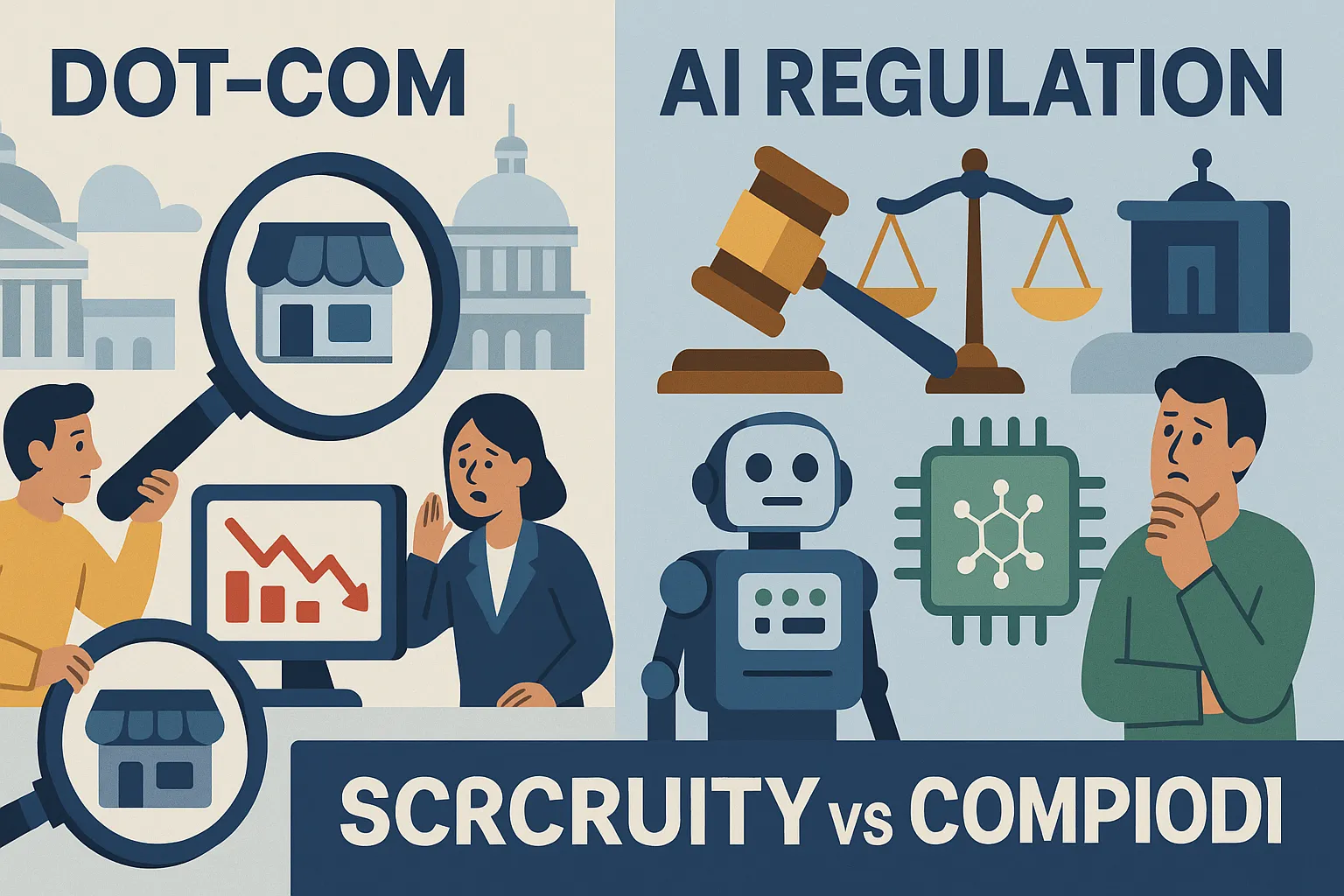 AI regulation compared to dot com bubble scrutiny illustration