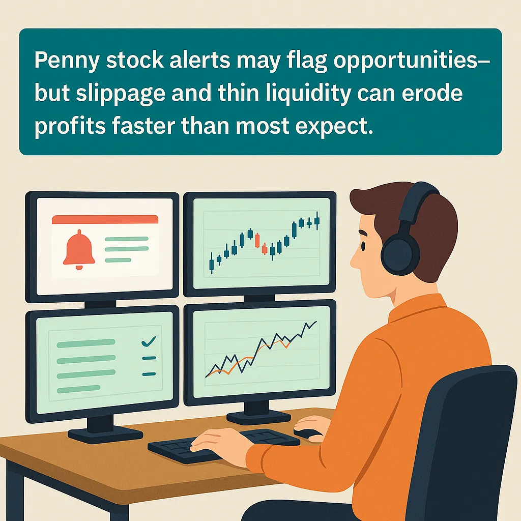 Trader reviewing penny stock alerts on a multi-monitor setup with charts and signals