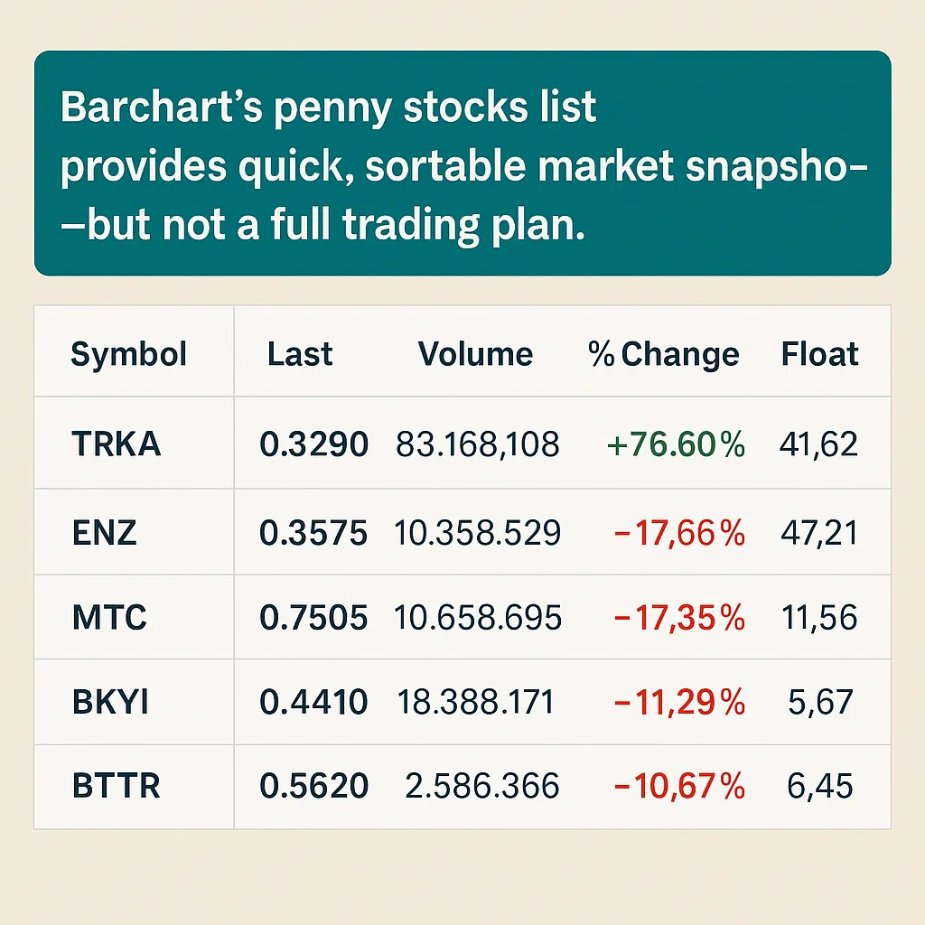 Barchart penny stocks list — sortable table with price, volume, percent change, and float