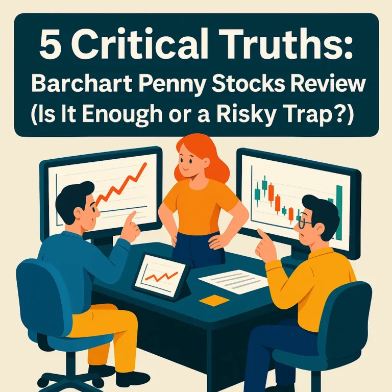 Barchart penny stocks review — 3D traders analyzing penny stock charts on multiple screens