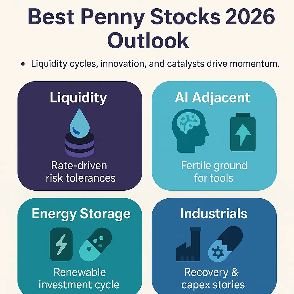 Best penny stocks 2026 outlook infographic highlighting AI, energy storage, biotech catalysts, and industrial recovery