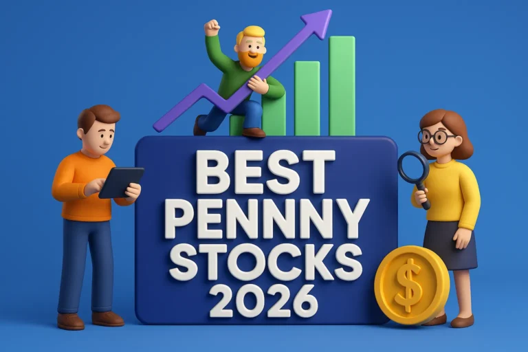 3D illustration of traders analyzing best penny stocks 2026 with growth arrows and charts
