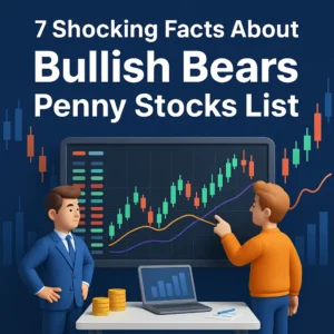 3D illustration of traders analyzing the Bullish Bears penny stocks list on a screen with charts and candlesticks