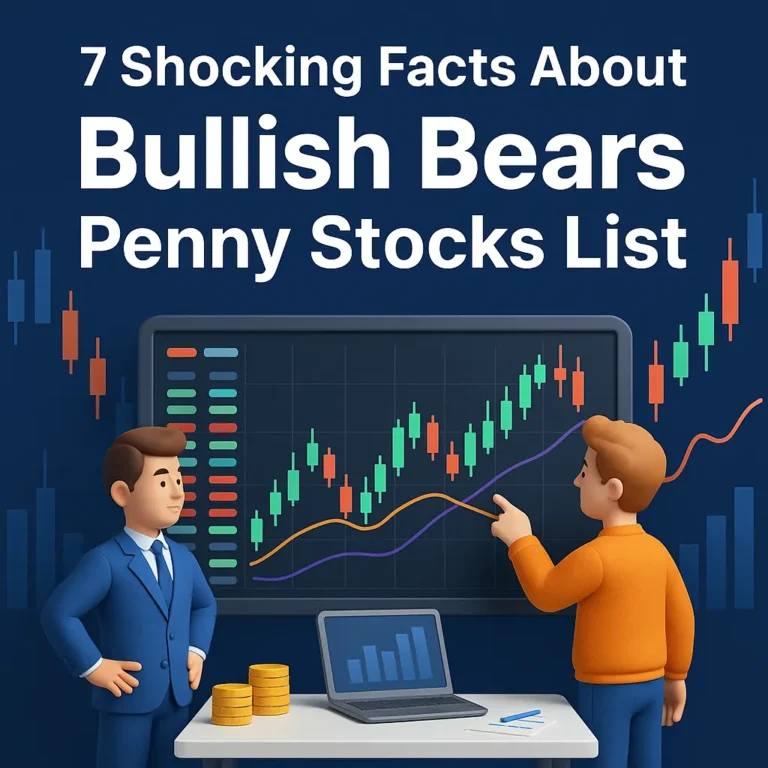 3D illustration of traders analyzing the Bullish Bears penny stocks list on a screen with charts and candlesticks