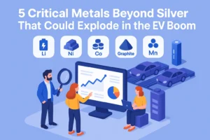 3D illustration of investors analyzing critical metals investing for the EV boom with lithium, nickel, cobalt, graphite, and manganese icons