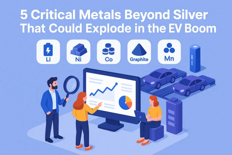 3D illustration of investors analyzing critical metals investing for the EV boom with lithium, nickel, cobalt, graphite, and manganese icons