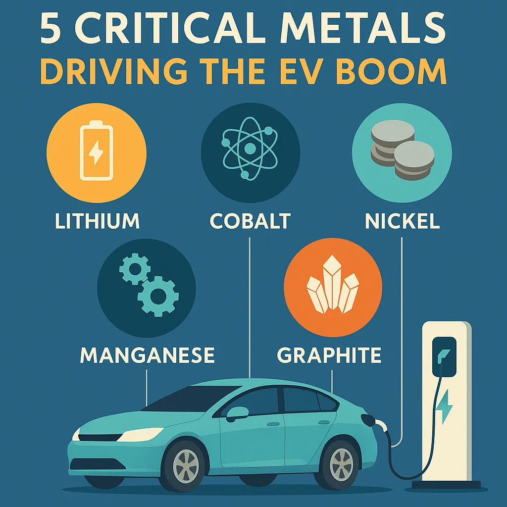Critical metals investing infographic showing high-manganese cathode pathway and HPMSM bottlenecks