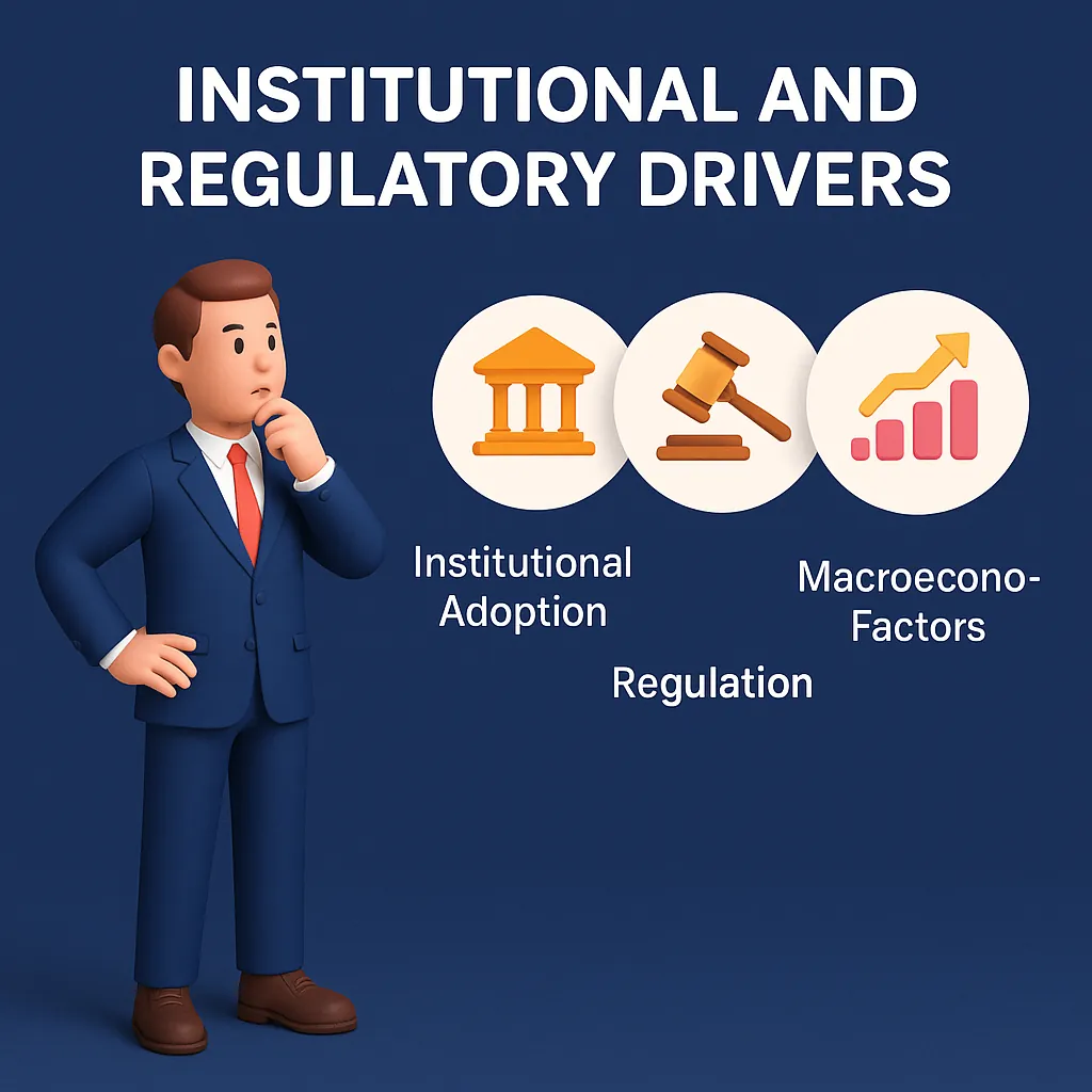 Crypto 2026 drivers graphic: regulation, adoption, technology represented as three pillars