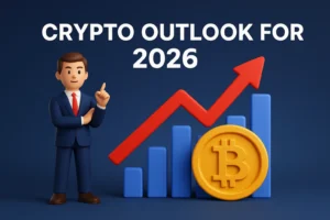 3D promotional illustration for “Crypto Outlook for 2026” with businessman, Bitcoin coin, and rising chart.