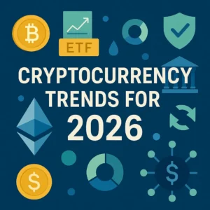 Cryptocurrency Trends for 2026 blog cover image with Bitcoin, Ethereum, DeFi, and regulation icons