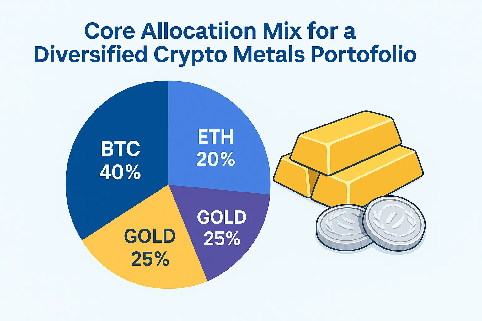 Diversified crypto metals portfolio core allocation chart of BTC, ETH, gold, silver
