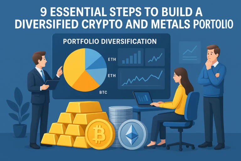 3D illustration of investors analyzing a diversified crypto metals portfolio with gold bars, Bitcoin, Ethereum, and charts