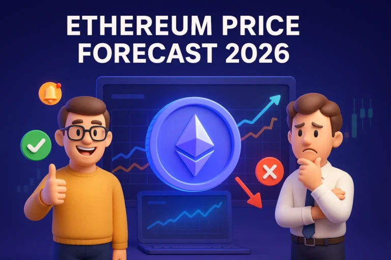 “3D illustration of Ethereum price forecast 2026 with traders showing pros and cons”
