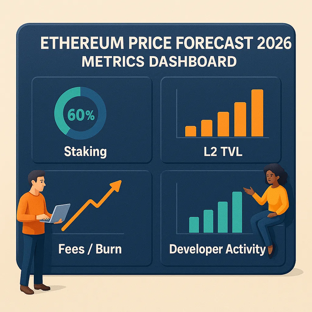 Ethereum price forecast 2026 metrics dashboard with staking, L2 TVL, fees, and developer activity