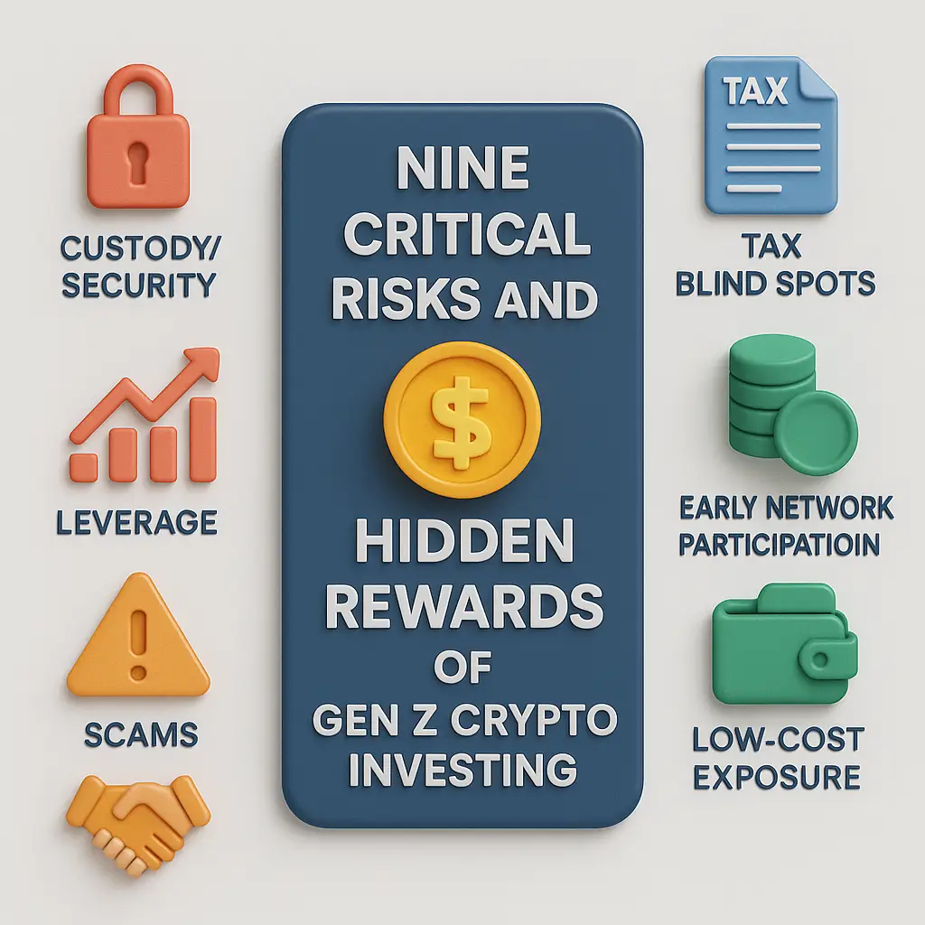 Nine critical risks and hidden rewards of Gen Z crypto investing infographic